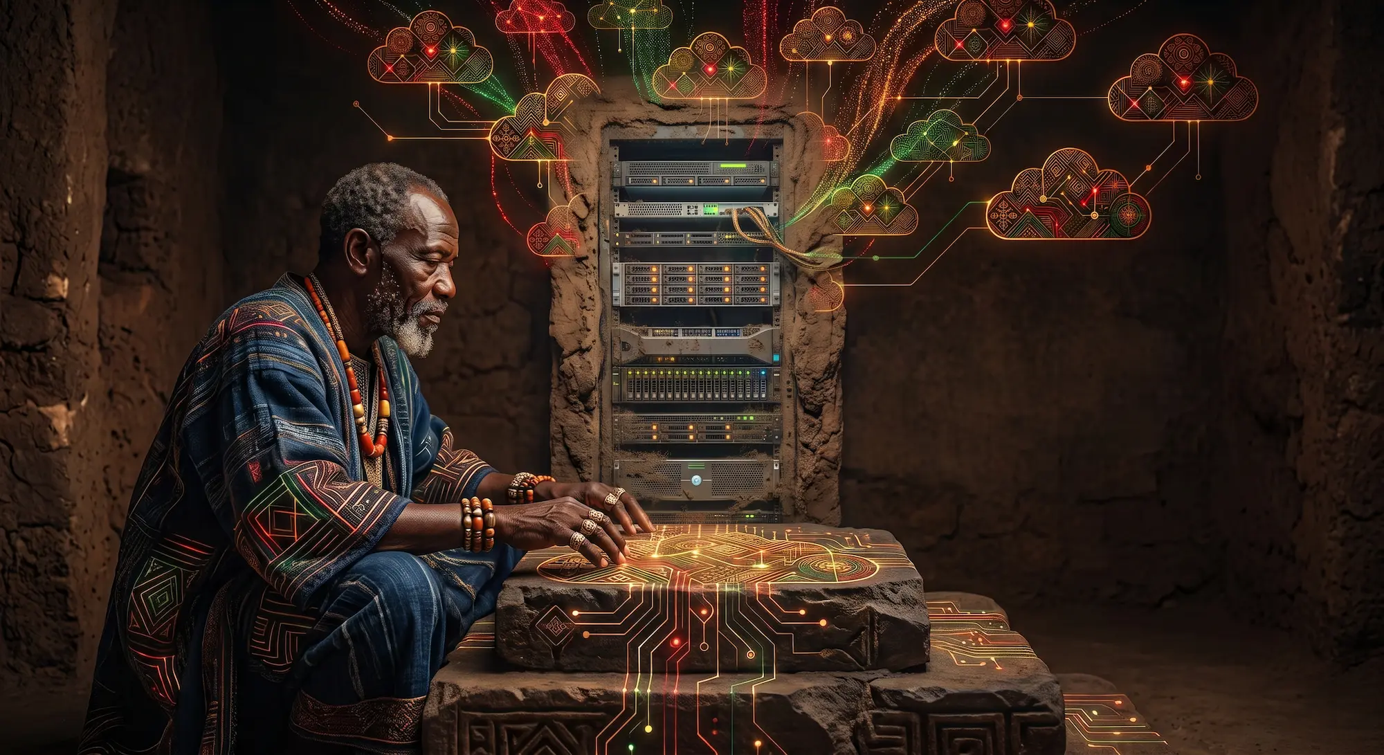 Afrofuturistic artwork representing technology, knowledge, and connection
